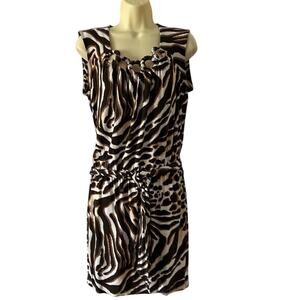 Cache M Brown Animal Print Knit Dress Lightweight Sleeveless Belt